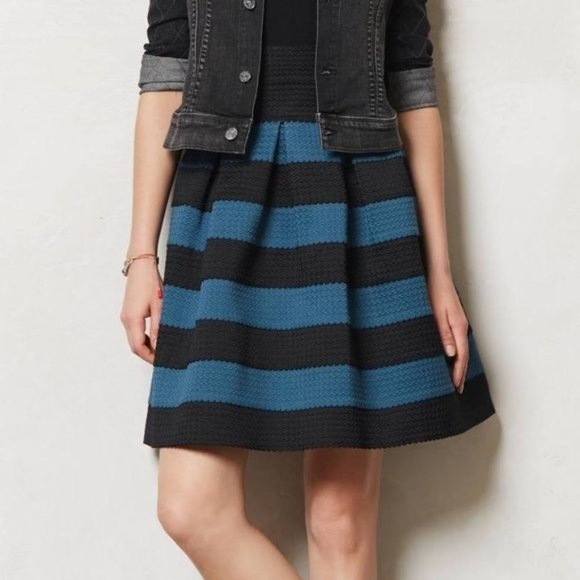 Anthropologie Girls from Savoy Black Blue Ponte Bell Striped Mini Skirt M/L
